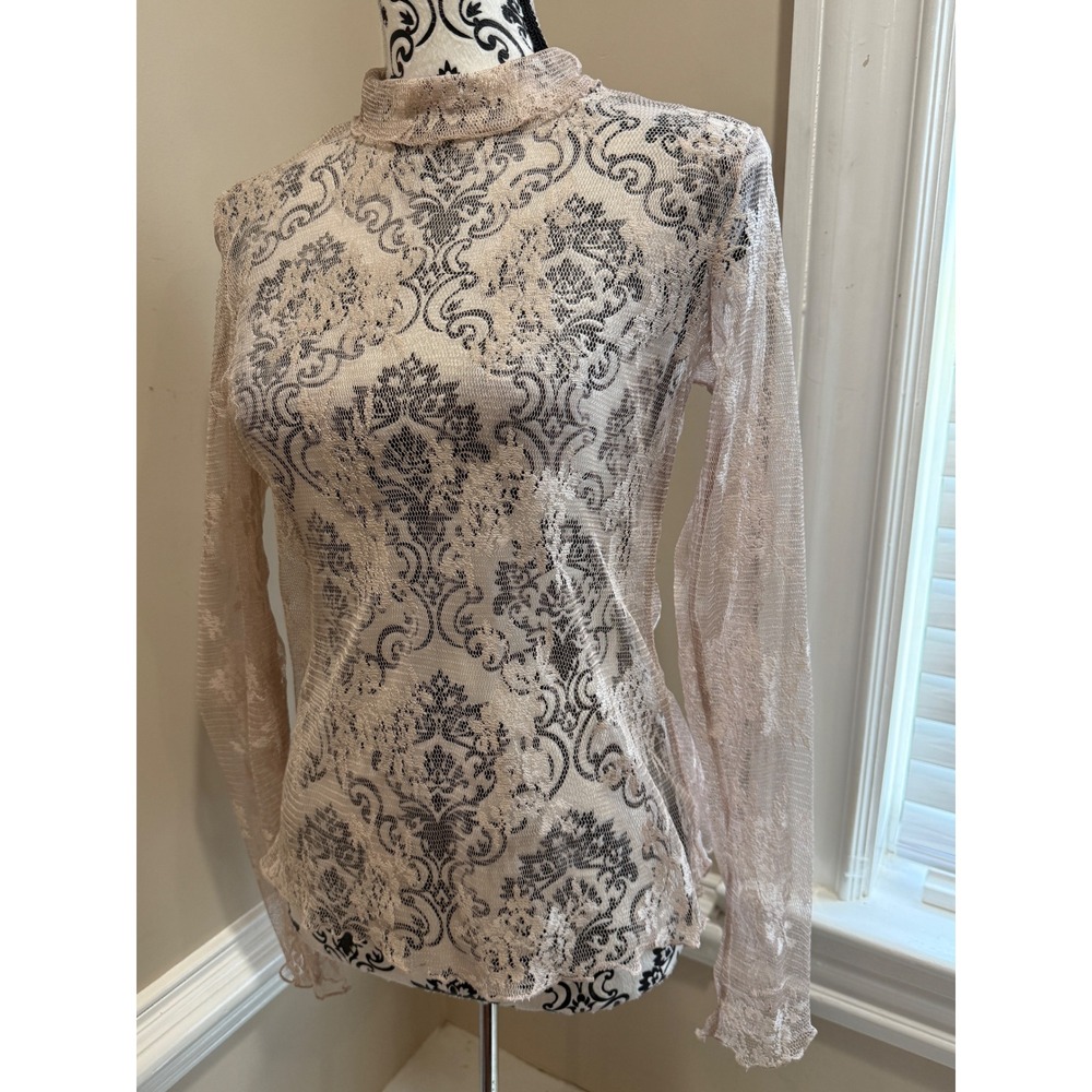 Womens Beige Lace Damask Mock Neck Sheer Long Sleeve Top Size S Whimsygoth - Picture 3 of 9